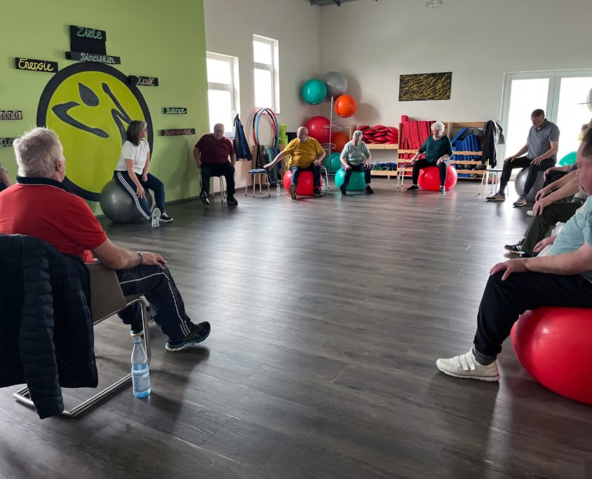 Gruppe älterer Menschen sitzt im Kreis auf Gymnastikbällen und Stühlen während einer Rehasport-Übungseinheit in einem Trainingsraum.