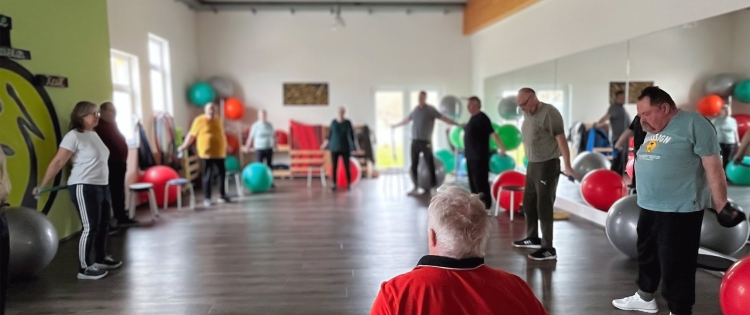 Gruppe älterer Menschen bei Gymnastikübungen mit Gymnastikbällen in einem Trainingsraum.